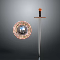 Historical Weapons Including Decorative Sword And Round Shield With Intricate Patterns