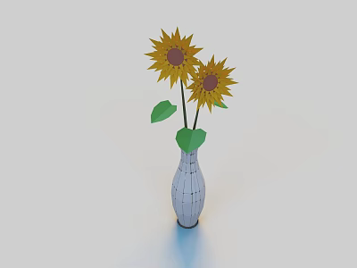 White Grid Pattern Vase With Two Sunflowers And Green Leaves Home Decor 3d model