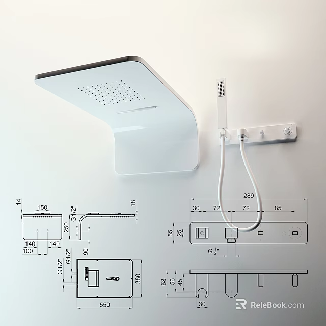 Modern Wall Mounted Shower Head With Technical Diagram And Dimensions 3d model 