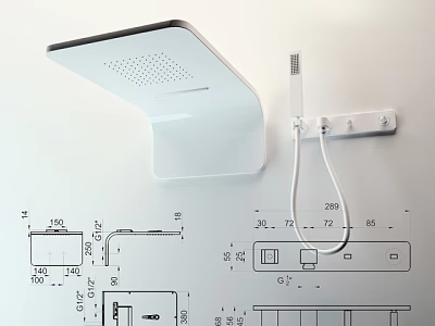 Modern Wall Mounted Shower Head With Technical Diagram And Dimensions 3d model