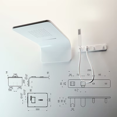 Modern Wall Mounted Shower Head With Technical Diagram And Dimensions 3d model
