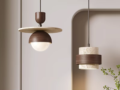 Modern Minimalist Pendant Lights With Wooden Accents And White Shades In Interior Space 3d model