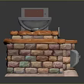 Colorful Brick Furnace Structure With Open Metal Lid Revealing Internal Flame And Molten Liquid