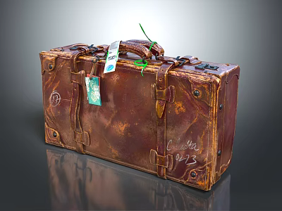 Antique Brown Leather Suitcase With Handwritten Clarence 1943 Tags And Metal Straps 3d model