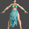 Muscular Female Warrior Character in Blue Gold Outfit with Green Accessories and Intricate Patterns