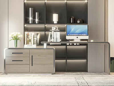 Modern Study Room Interior Design With Shelves Computer Lamp Books Cabinet And Lighting 3d model