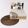 Wooden Kids Bed With Colorful Geometric Headboard Soft Pillows Cozy Blanket And Round Jute Rug
