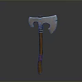 Traditional Axe With Metal Double Sharp Blades Wooden Handle And Red Straps