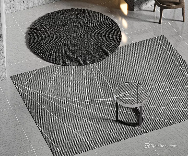 Square Rug With Geometric Line Pattern In Gray And White With Metal Side Table 3d model 