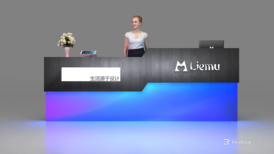 Stylish Reception Desk With Staff Flower Bouquet Tablet Laptop Jiemu Branding And Colorful Gradient Lighting 3d model 