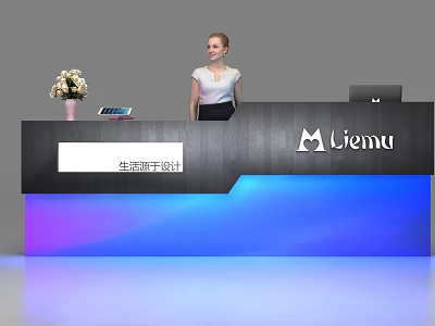 Stylish Reception Desk With Staff Flower Bouquet Tablet Laptop Jiemu Branding And Colorful Gradient Lighting 3d model