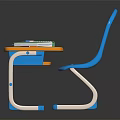 Kids Study Desk with Blue Chair and Orange Tabletop Including Green Notebook and Colored Pencils