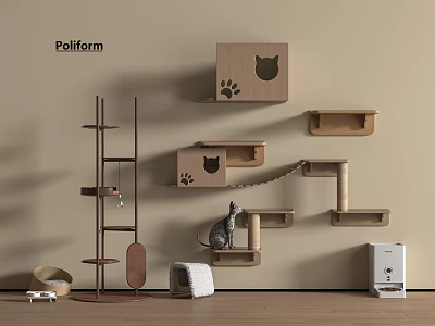 Indoor Wooden Cat Tree With Wall Mounted Perch Platform And Kitten Furniture Setup 3d model