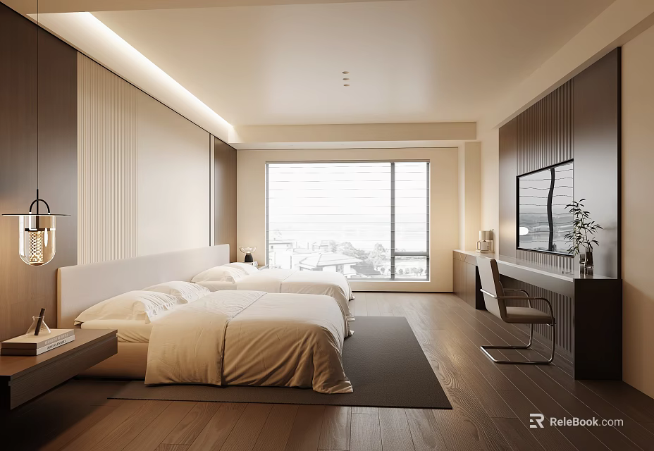 Modern Hotel Guest Room With Double Beds Large Window TV Desk Chair And Soft Lighting 3d model 