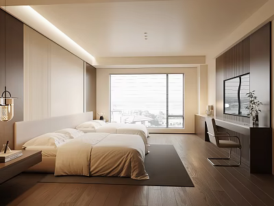 Modern Hotel Guest Room With Double Beds Large Window TV Desk Chair And Soft Lighting 3d model