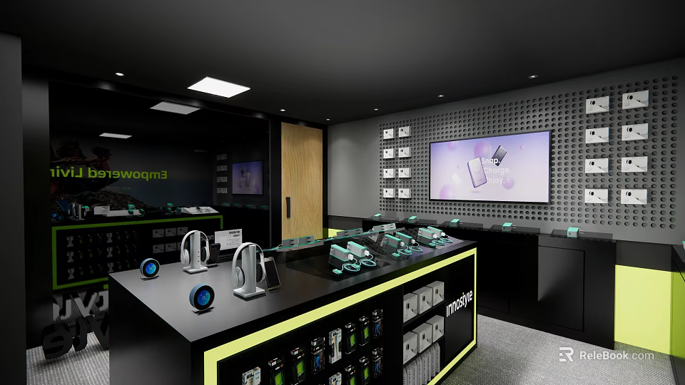 Modern Electronics Store Interior Featuring Headphones Display Counter And Large Screen Devices 3d model