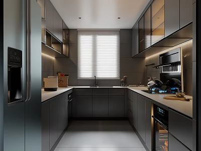 Modern Kitchen Interior With Gray Cabinets Stainless Steel Appliances And Window Blinds 3d model