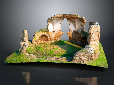 Weathered Ancient Ruins With Lush Green Grass And Stone Archway Structures 3d model