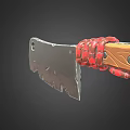 Wooden Handle Kitchen Appliance Knife Featuring Red Coiled Decorations On Worn Blade
