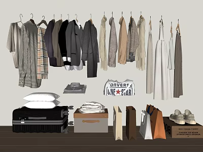 Stylish Hanging Clothes With Various Styles Suitcase Shopping Bags And Shoes 3d model