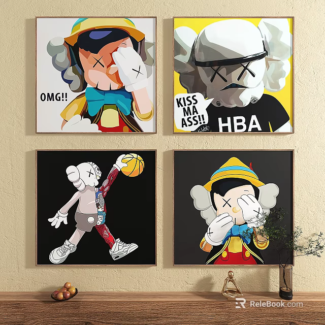 Vibrant Modern Pop Art Paintings With Cartoon Characters And Text Elements 3d model
