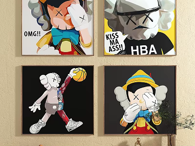 Vibrant Modern Pop Art Paintings With Cartoon Characters And Text Elements 3d model