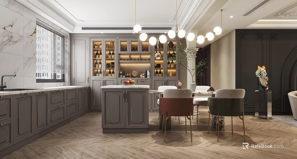 Elegant Modern Restaurant Interior With Grey Cabinets Dining Table And Pendant Lights 3d model
