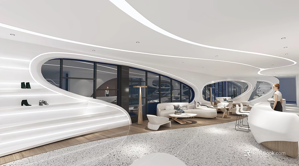 Modern Front Desk Reception Area With Stylish Counter Comfortable Seating And Elegant Lighting 3d model