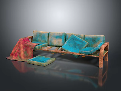 Turquoise Multi Seater Sofa With Cushions Wooden Frame And Patterned Blanket 3d model