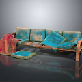 Turquoise Multi Seater Sofa With Cushions Wooden Frame And Patterned Blanket 3d model