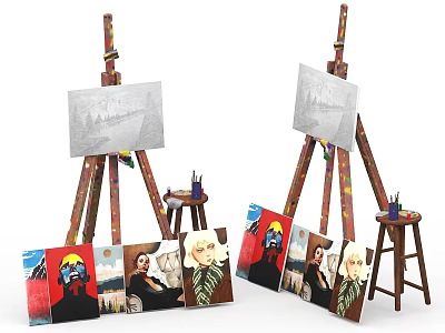 Creative Art Supplies Setup With Easels Canvases And Musical Themed Paintings 3d model