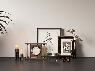 Modern Decorative Ornament Set With Framed Art Clock Candles Vase And Dried Flowers 3d model