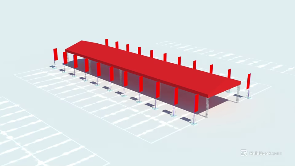 Red Large Canopy Structure With Multiple Red Pillars In Parking Lot Area 3d model