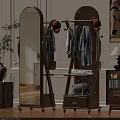 Wooden Mirror With Coat Rack Hanging Hats And Clothes In Interior