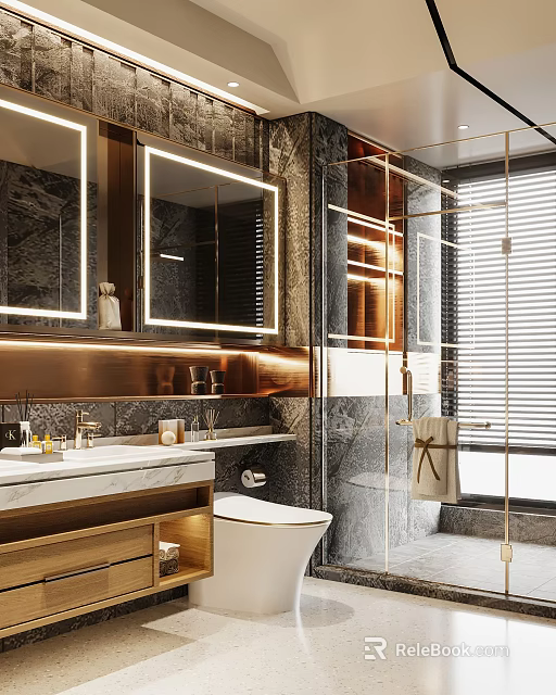 Modern Luxury Bathroom Interior With Double Mirrors Marble Countertop Copper Accents And Glass Shower 3d model 