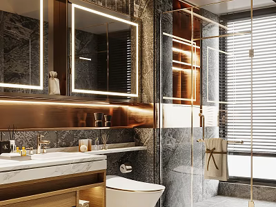 Modern Luxury Bathroom Interior With Double Mirrors Marble Countertop Copper Accents And Glass Shower 3d model