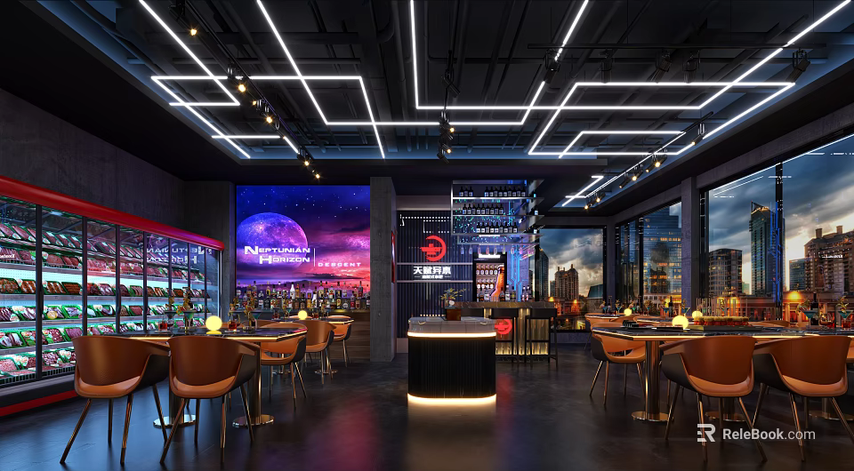 Modern Restaurant Interior With Neon Lights Bar Counter Wine Display And City View Windows 3d model 