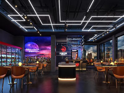 Modern Restaurant Interior With Neon Lights Bar Counter Wine Display And City View Windows 3d model