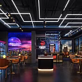 Modern Restaurant Interior With Neon Lights Bar Counter Wine Display And City View Windows