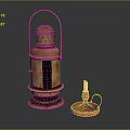 Vintage Brass Lantern And Red Candlestick With Lit Candle On Dark Background
