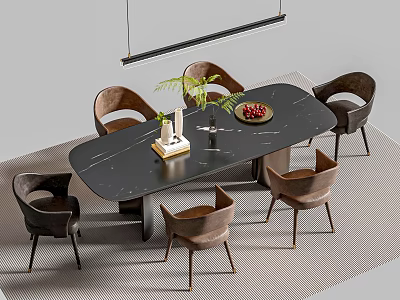 Elegant Black Marble Dining Table Set With Brown Chairs Green Plant Candles And Fruit Platter 3d model