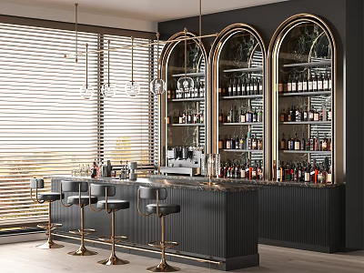 Elegant Modern Bar Interior With Black Counter Gold Stools And Arched Wine Shelves 3d model