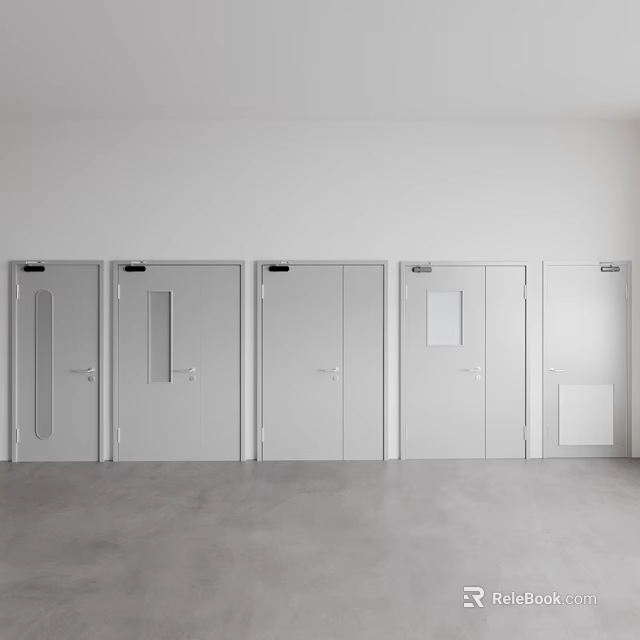 Five White Fire Safety Doors With Emergency Signs In Modern Building Interior 3d model 