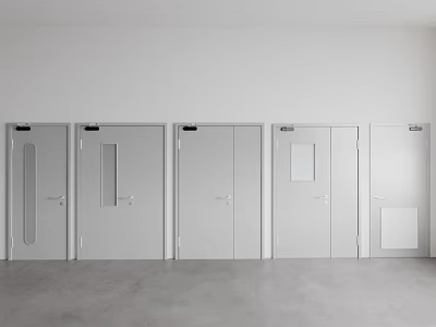 Five White Fire Safety Doors With Emergency Signs In Modern Building Interior 3d model
