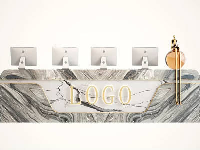 Modern Veined Marble Reception Desk Featuring Golden Logo Four Monitors And Decor 3d model