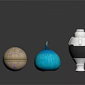 Decorative Golden Patterned Ball Blue Striped Onion Shaped Object And Silver Black Jar Arrangement