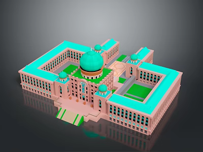 Islamic Style Building with Pink Exterior Green Domes Central Courtyard and Arched Windows 3d model