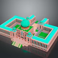 Islamic Style Building with Pink Exterior Green Domes Central Courtyard and Arched Windows