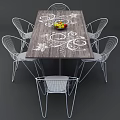 Modern Dining Table Set With Wooden Tabletop White Patterns And Wireframe Chairs 3d model