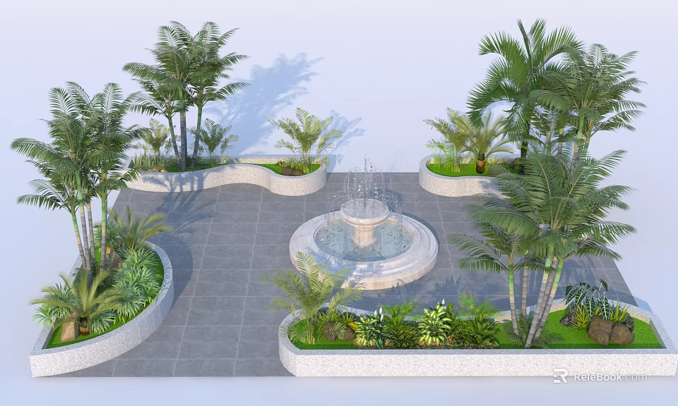 Garden Landscape Design With Central Fountain Palm Trees And Green Plants 3d model 